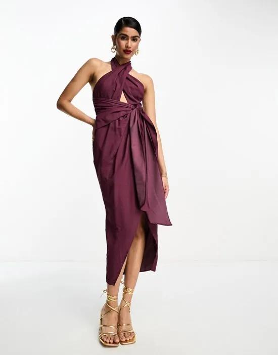 washed halter cut out midi dress with tie waist in dusty purple