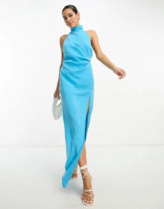 washed halterneck maxi dress with twist strap back detail in turquoise