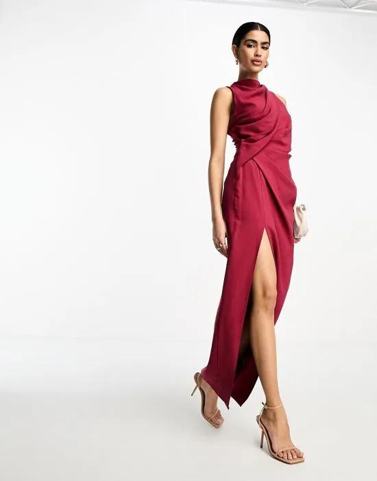 washed high neck midaxi dress with drape shoulder detail in burgundy
