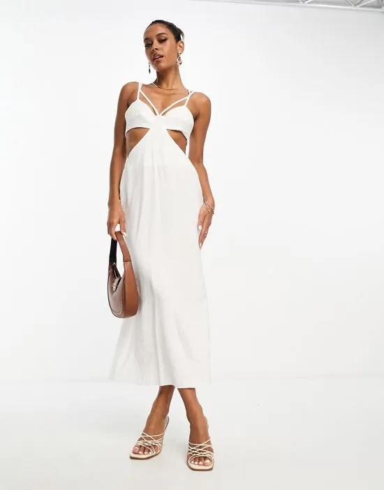 washed multi strap cut out midi dress in white