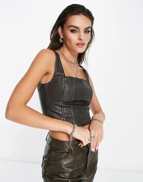 washed out faux leather corset crop top in black