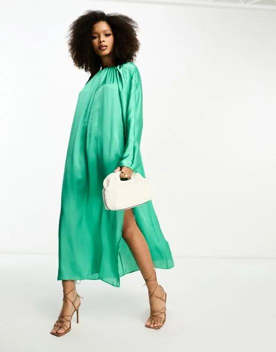 washed satin volume sleeve midaxi dress in bright green
