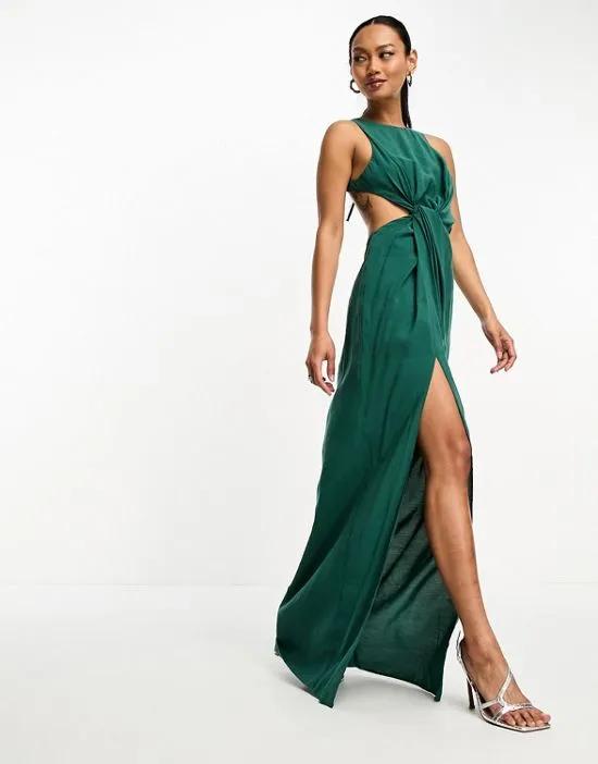 washed twist side waist maxi dress with cut out back in forest green