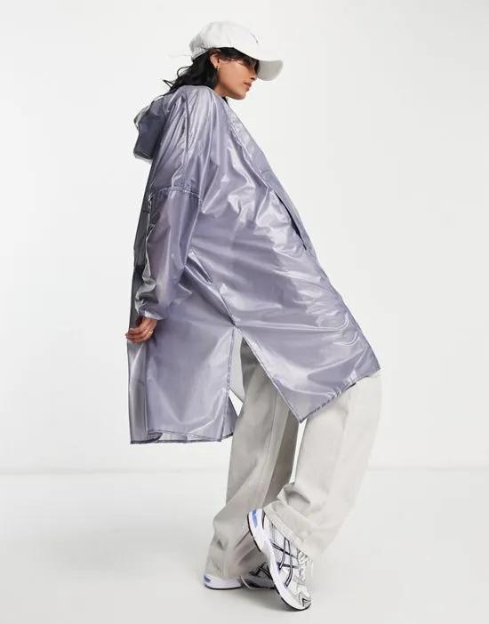 waterproof long ultralight anorak coat in metallic blue river