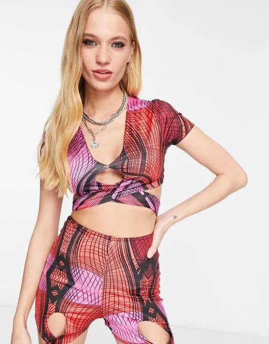 wavey wrap front crop top in pink snake print - part of a set