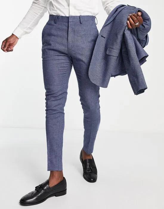 Wedding linen mix super skinny suit pants with puppytooth plaid in deep blue