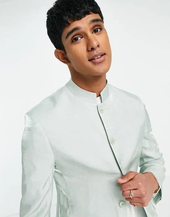 wedding Nehru slim suit jacket with mandarin collar in high shine green
