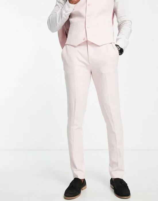 Wedding skinny suit pants in linen mix in micro texture in pink