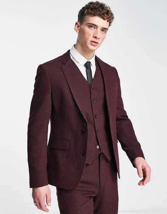 wedding skinny wool mix suit jacket in burgundy herringbone
