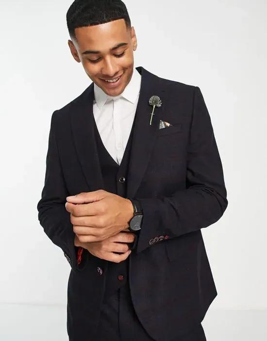 wedding slim fit tweed check wool mix wide lapel suit jacket