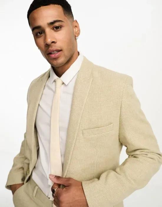 wedding super skinny wool mix suit jacket in stone puppytooth