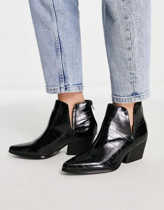 western croc print ankle boots in black