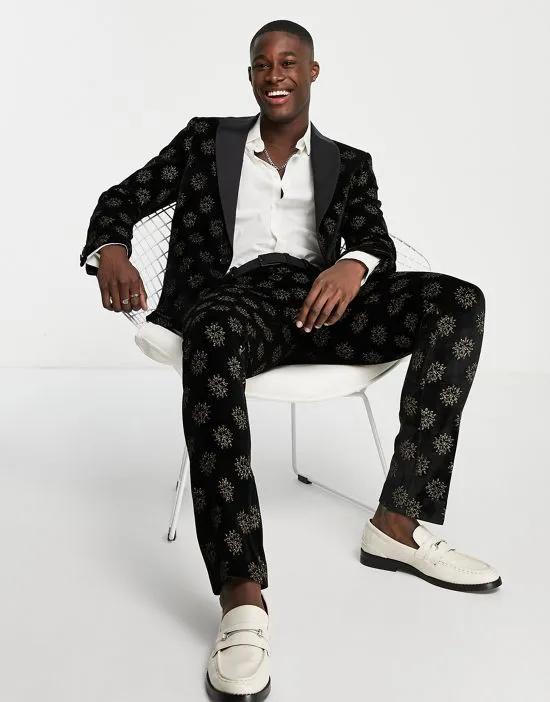 Westgate skinny suit pants in black with gold star foil print