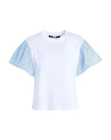 White Jersey T-shirt RUFFLED SLV FABRIC MIX T-SHIRT
