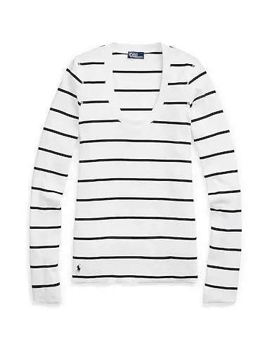 White Jersey T-shirt STRIPED RIBBED SCOOPNECK TEE
