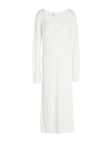 White Knitted Midi dress V-NECK RIBBED LONG DRESS
