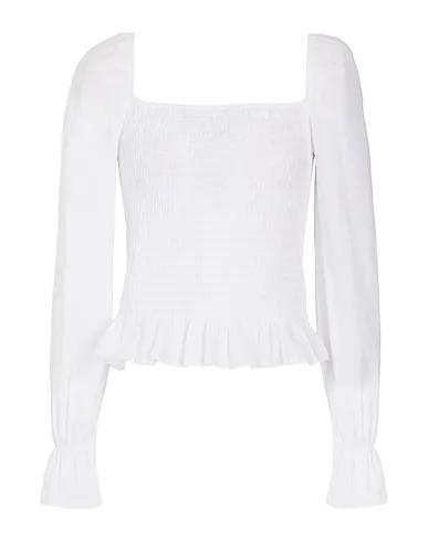 White Plain weave Blouse SMOCK PUFFED SLEEVE TOP
