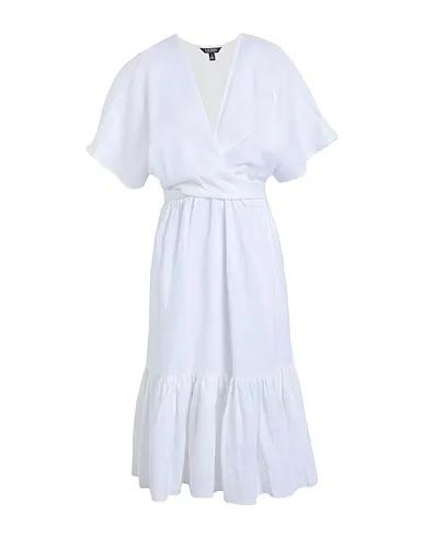 White Plain weave Midi dress BELTED LINEN WRAP-STYLE DRESS
