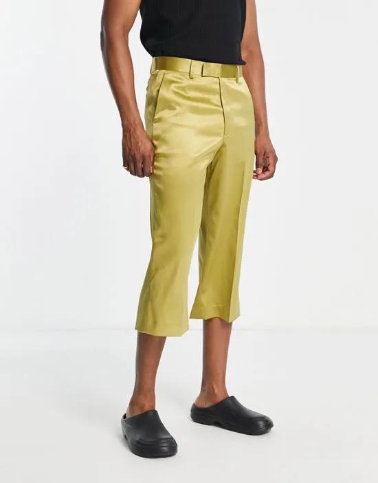 wide dressy culotte pants in oil green satin