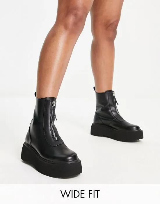 Wide Fit Amsterdam chunky zip front ankle boots in black