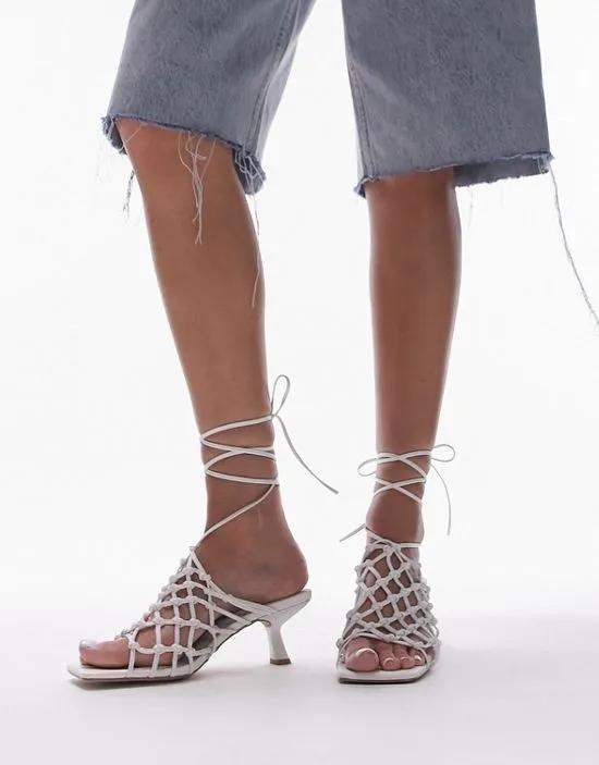 Wide Fit Ariel caged mid heel sandals with ankle tie in white