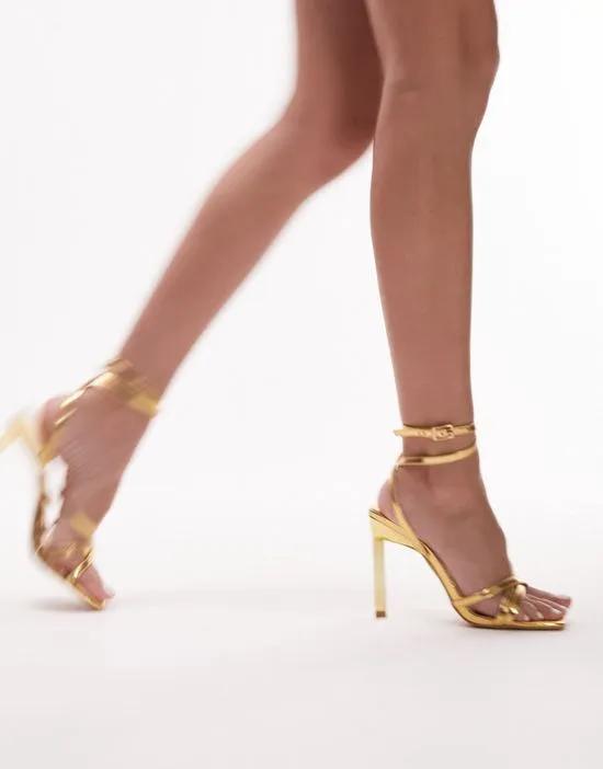 Wide Fit Ellie square toe barely there heeled sandals in gold