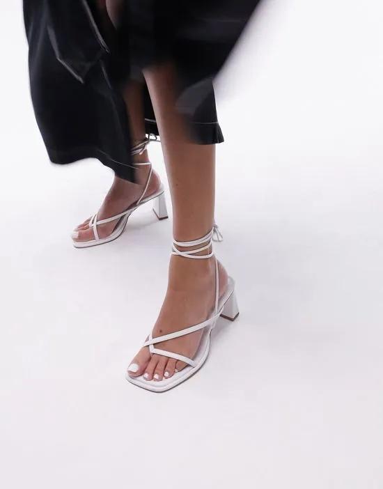 Wide Fit Ellis tie up sandals with block heel in white