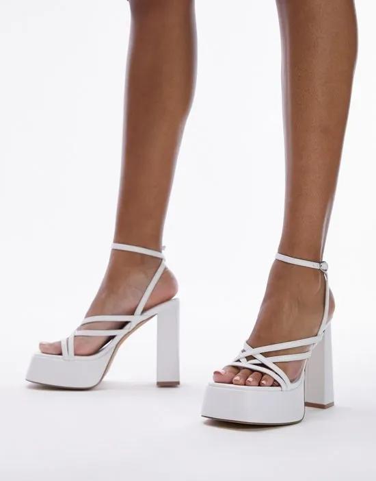 Wide Fit Elsie strappy platform with ankle tie in white