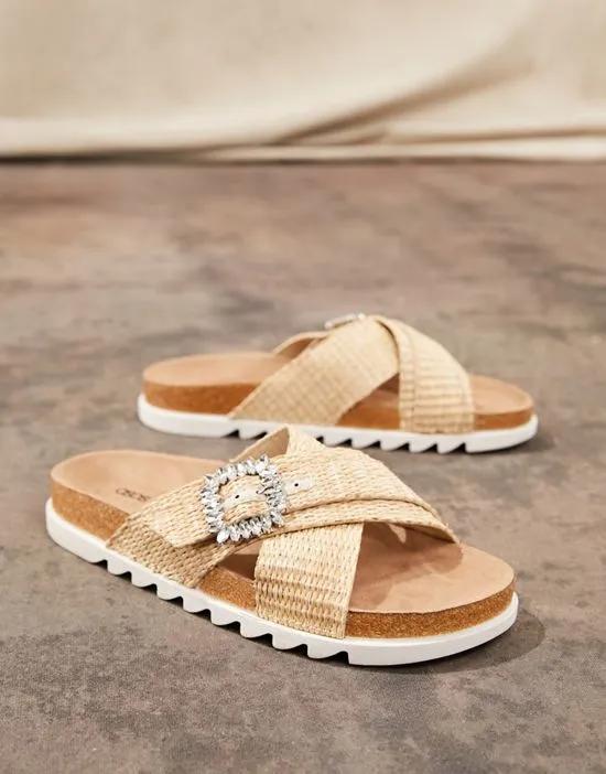 Wide Fit Flaunt raffia sandals with cross vamp footbed in natural