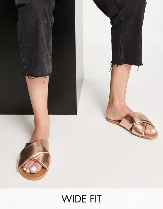Wide Fit Flock padded flat mules in rose gold