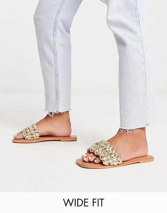 Wide Fit Flora woven flat sandals in gold
