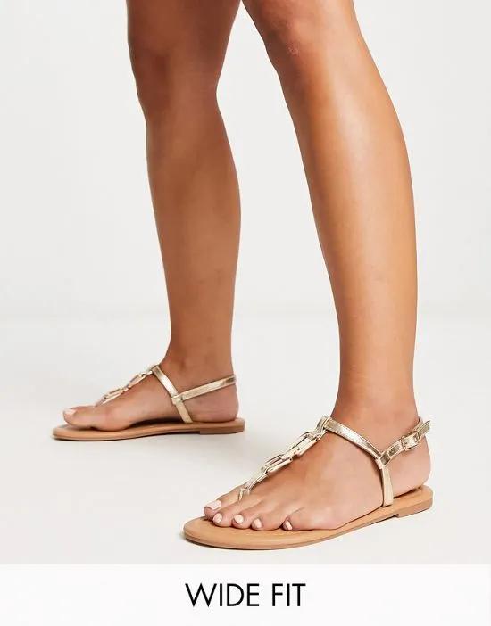 Wide Fit Fortune hardware flat sandal in gold