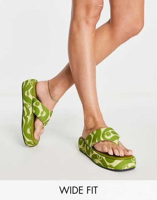 Wide Fit Francesca flatform sandals in green checkerboard