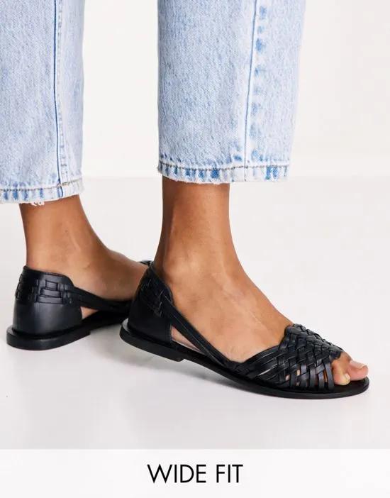 Wide Fit Francis leather woven flat sandals in black