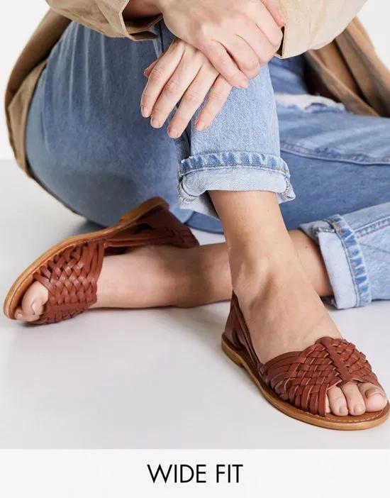 Wide Fit Francis leather woven flat sandals in tan