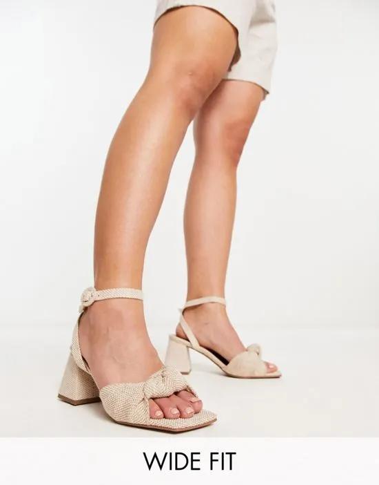 Wide Fit Hayden knotted mid heeled sandals in natural fabrication