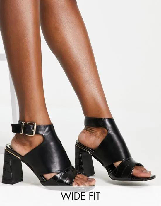Wide Fit heeled square toe sandal in black