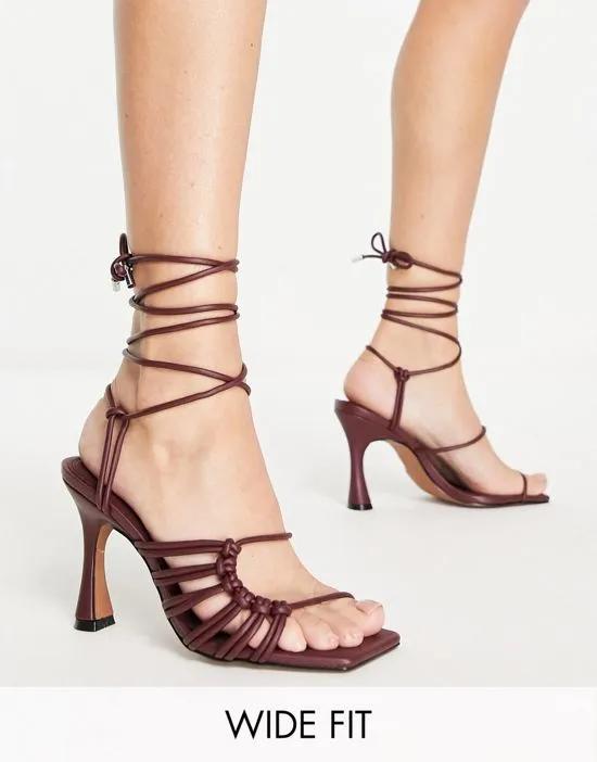 Wide Fit Herald knotted caged tie leg mid heeled sandals in burgundy