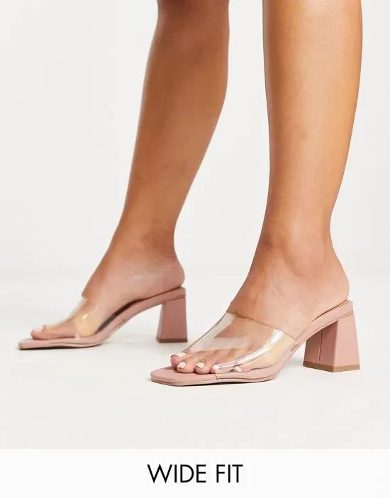 Wide Fit Hero block heeled mules in clear