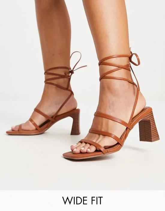 Wide Fit Hidden strappy tie leg mid heeled sandals in tan
