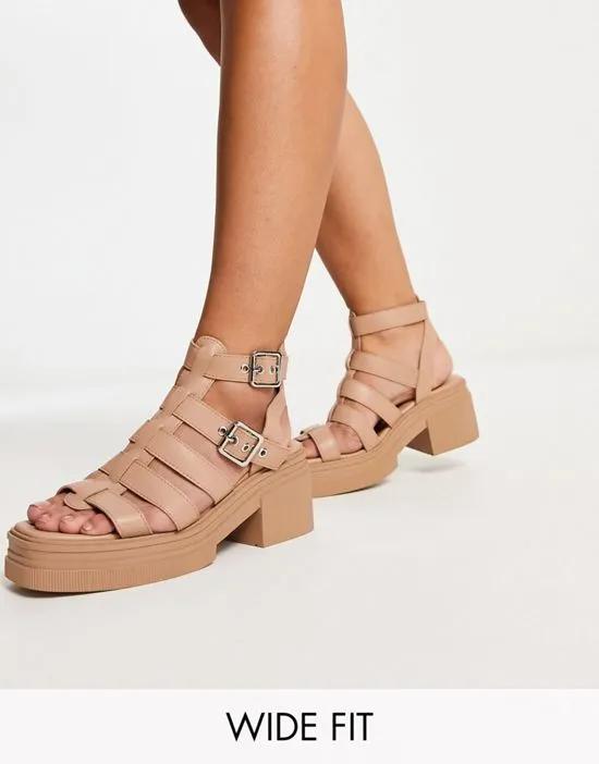 Wide Fit Highway chunky mid heeled sandals in beige