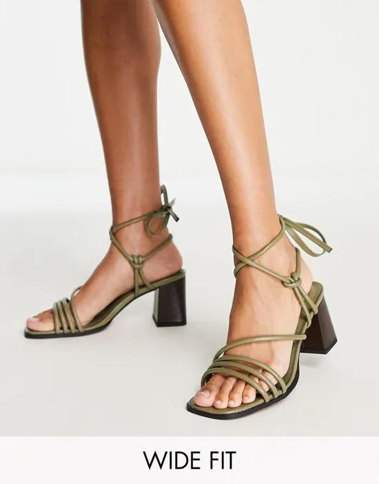 Wide Fit Hollow strappy tie leg mid heeled sandals in green