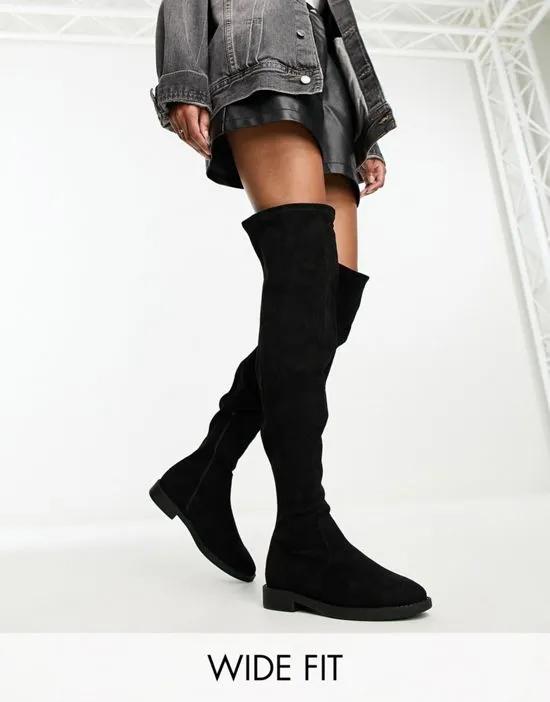 Wide Fit Kalani over the knee boots in black micro