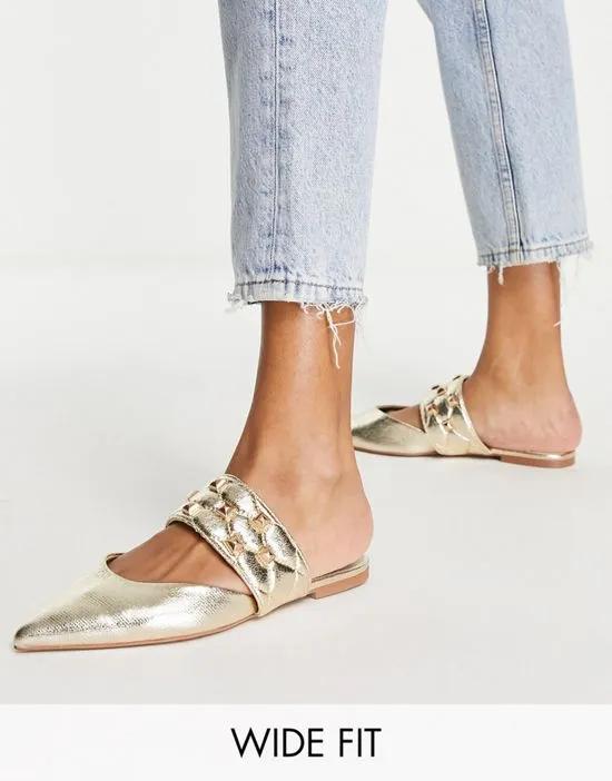 Wide Fit Leah studded point ballet mules in gold metallic