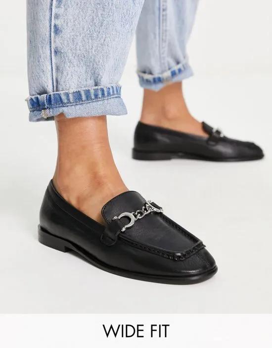 Wide Fit Lola leather loafers with chain detail in black