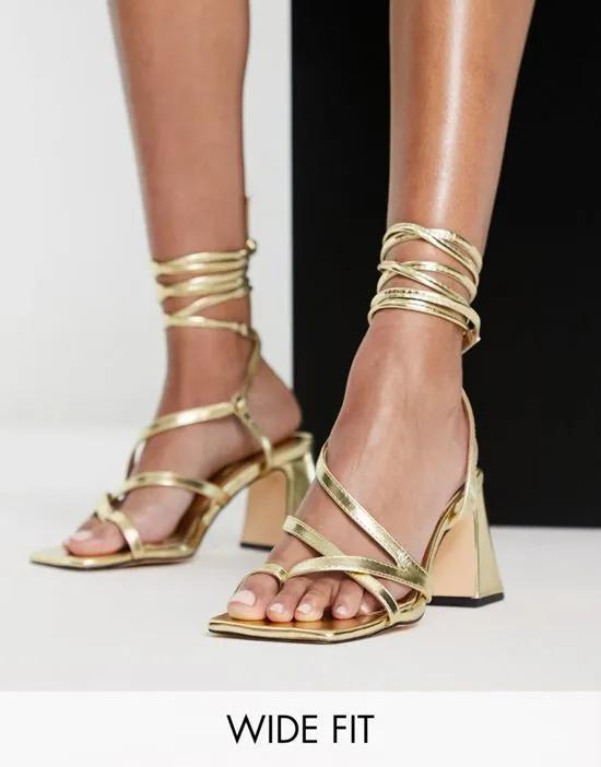Wide fit Nadia block heel ankle tie sandal in gold