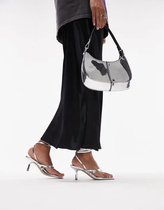 Wide Fit Nancy strappy toe post mid heeled sandals in silver croc