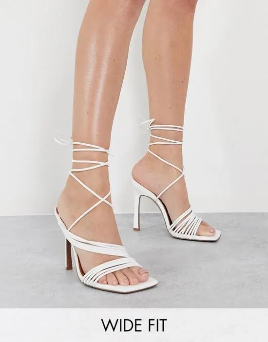 Wide Fit Nest strappy tie leg heeled sandals in white