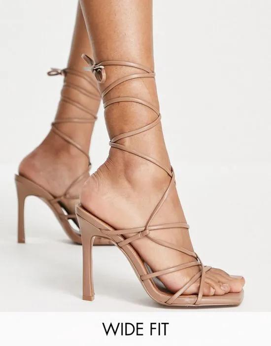 Wide Fit Nobu strappy tie leg heeled sandals in beige