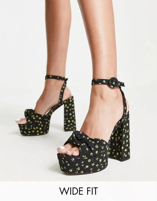 Wide Fit Note knotted platform heeled sandals in black floral